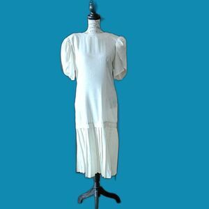 Vintage 80s Maggy Boutique Pleated Tea Dress Soft White Women's 6 Cottagecore